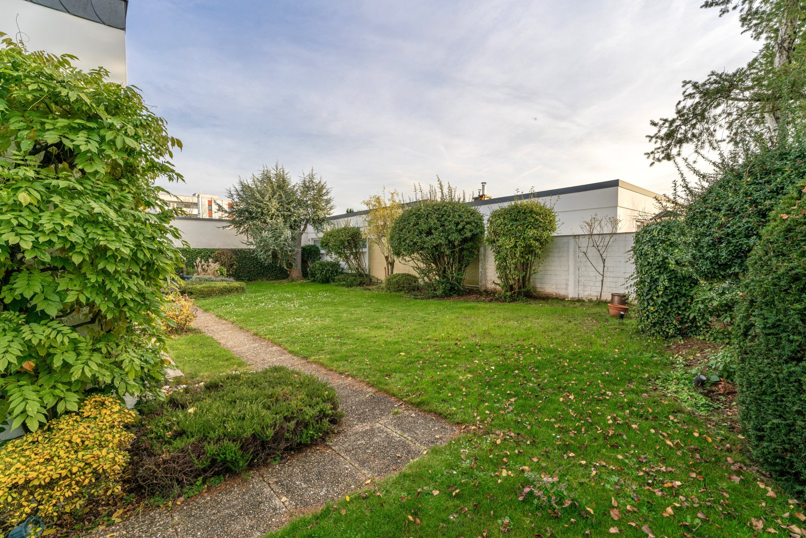 Sonnendurchfluteter Garten mit gepflegter Rasenfläche 