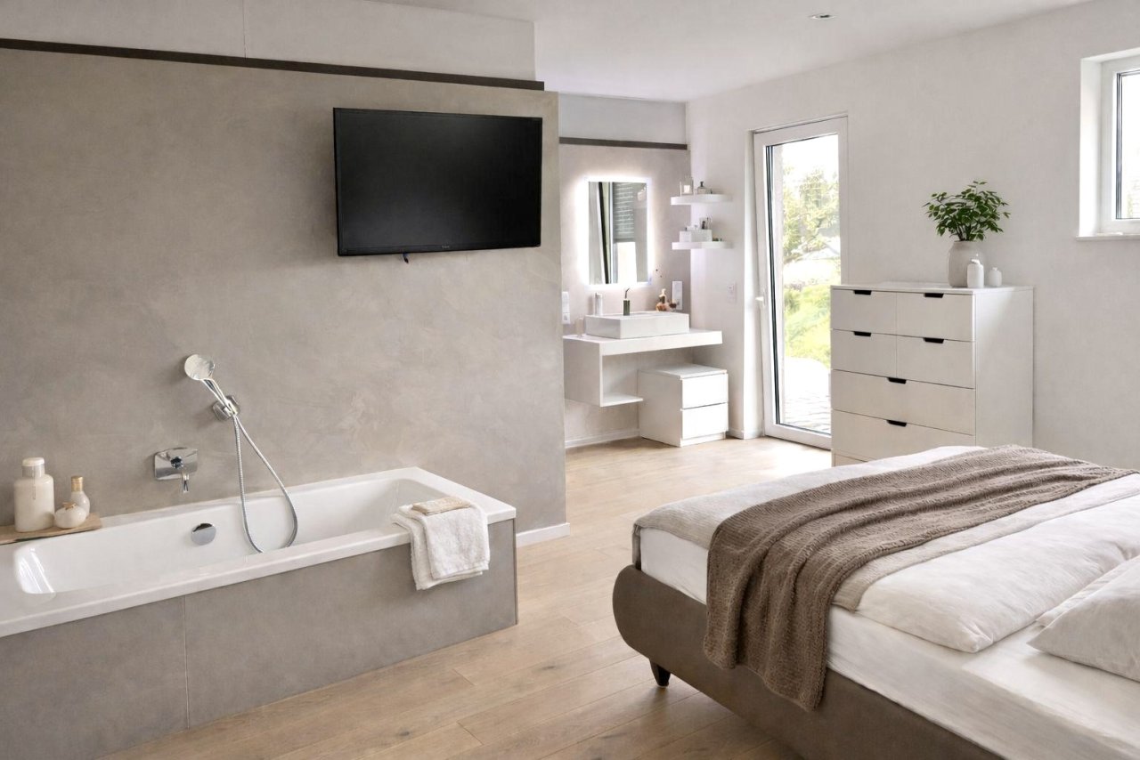 Luxus-Schlafzimmer mit integriertem Badbereich und begehbarem Ankleidebereich
