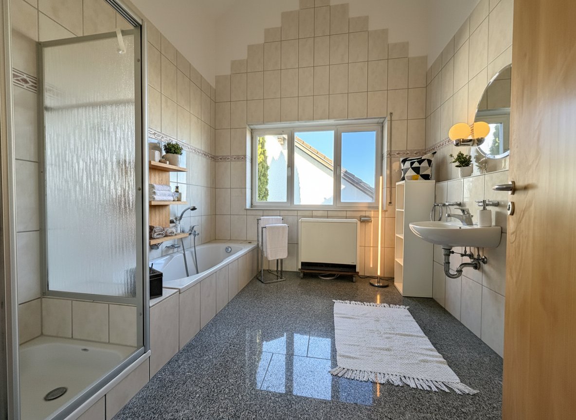 Modernes Badezimmer mit Wanne, Dusche und reichlich Tageslicht