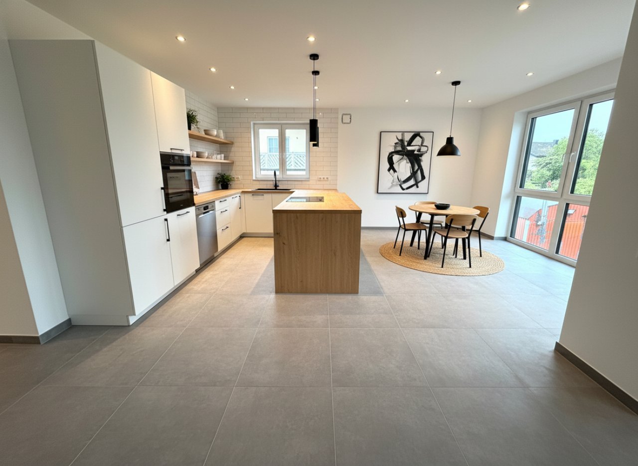Offene Wohnküche mit Kochinsel und Terrassenzugang Offene Wohnküche mit Kochinsel und Terrassenzugang