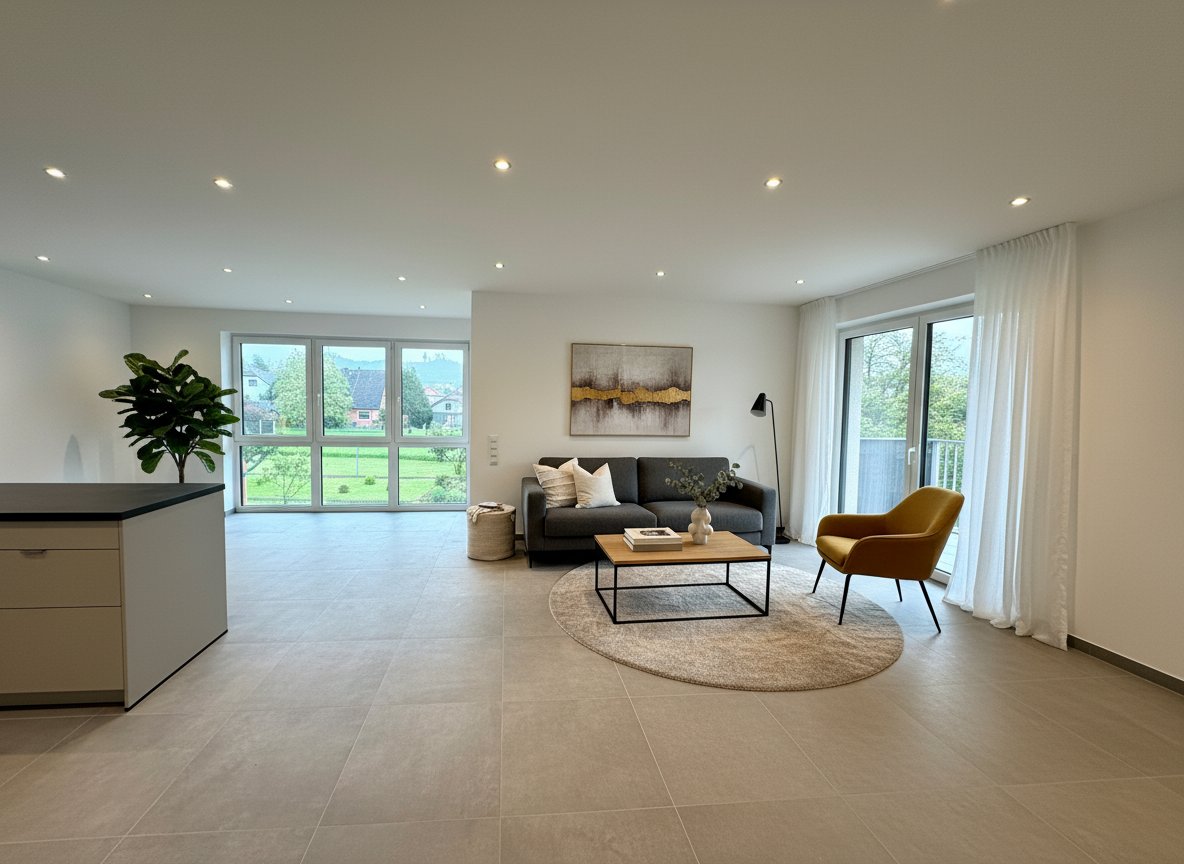 Lichtdurchfluteter Wohnbereich mit Panoramafenstern und Terrassenzugang Lichtdurchfluteter Wohnbereich mit Panoramafenstern und Terrassenzugang