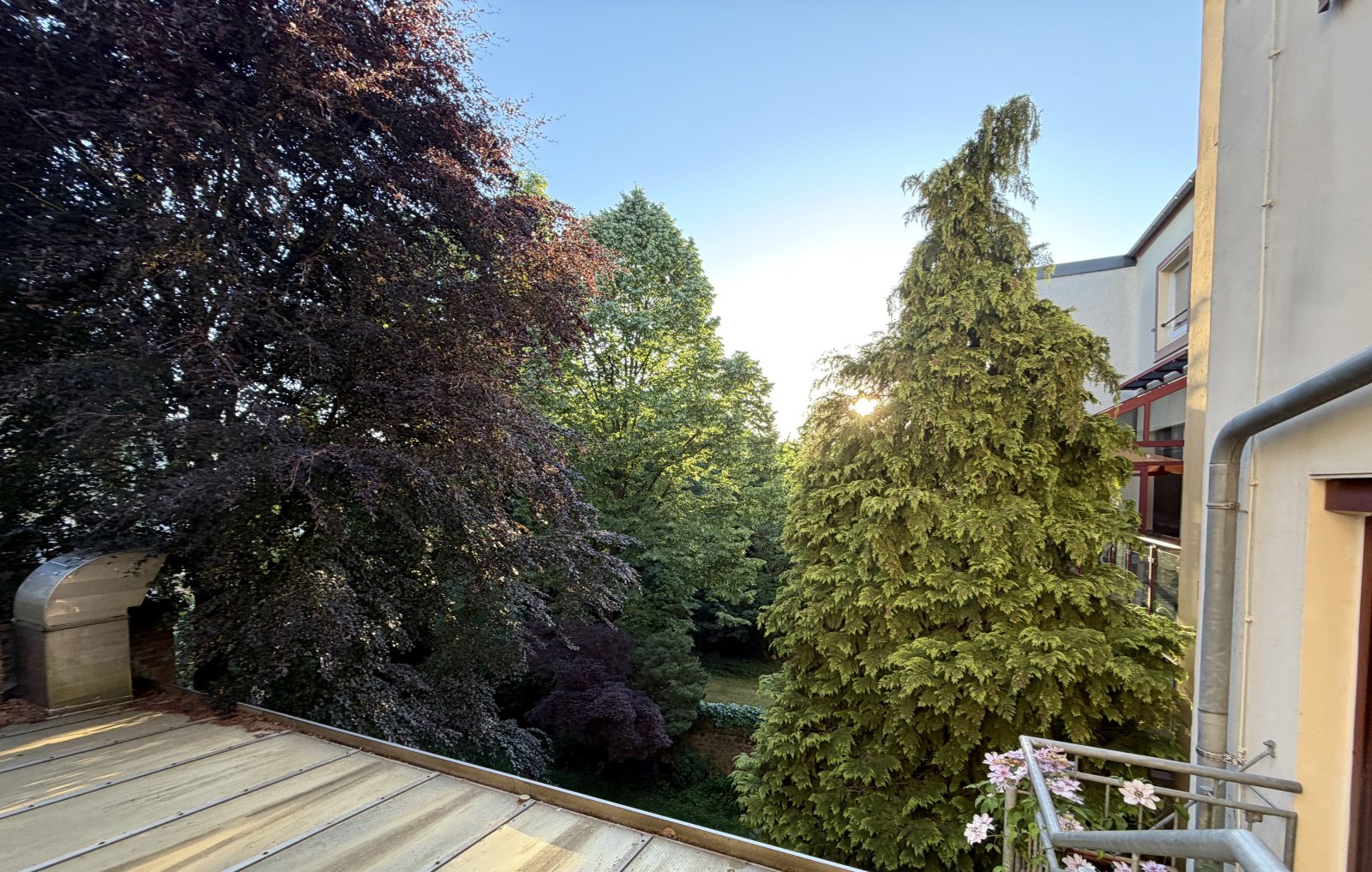 Terrasse mit Edelstahlgeländer und Blick in den parkähnlichen Garten Terrasse mit Edelstahlgeländer und Blick in den parkähnlichen Garten