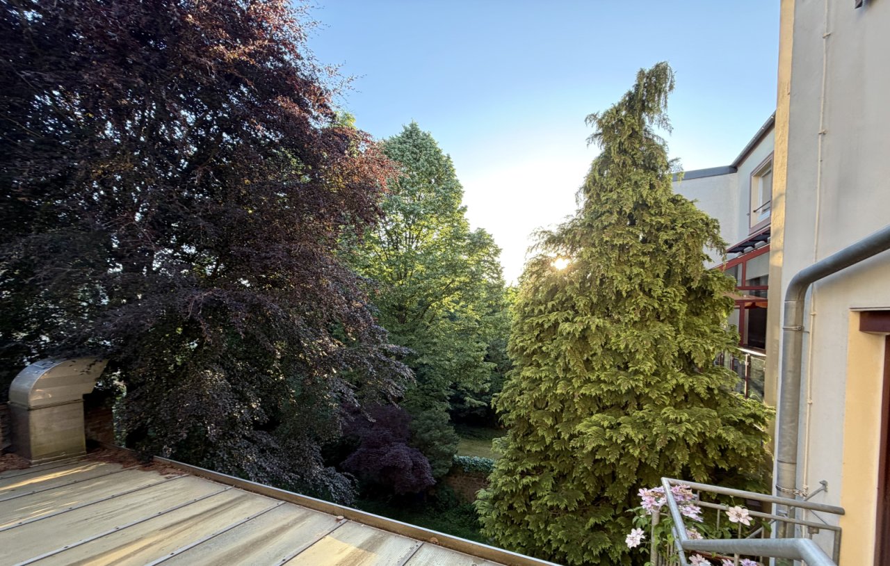 Terrasse mit Edelstahlgeländer und Blick in den parkähnlichen Garten Terrasse mit Edelstahlgeländer und Blick in den parkähnlichen Garten