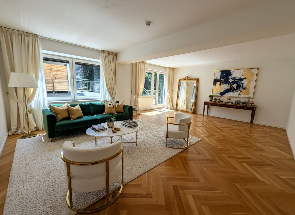 Helles Wohnzimmer mit Parkettboden und großflächigen Fenstern zum Balkon Helles Wohnzimmer mit Parkettboden und großflächigen Fenstern zum Balkon