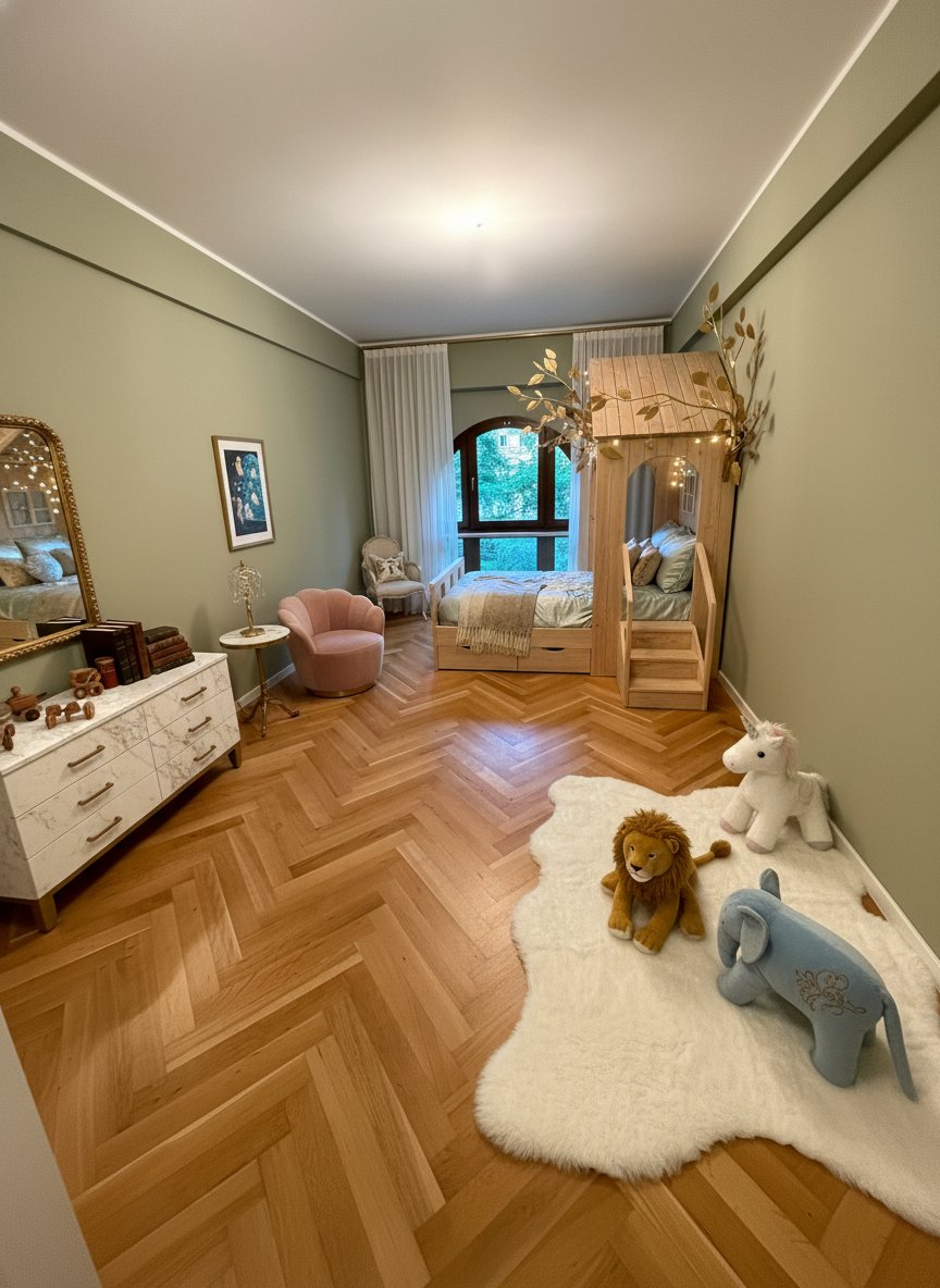 Kinderzimmer mit Parkettboden im Fischgrätmuster und großzügigen Platzverhältnissen Kinderzimmer mit Parkettboden im Fischgrätmuster und großzügigen Platzverhältnissen