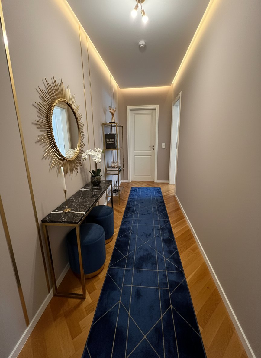Eleganter Flur mit indirekter Deckenbeleuchtung und Parkettboden Eleganter Flur mit indirekter Deckenbeleuchtung und Parkettboden