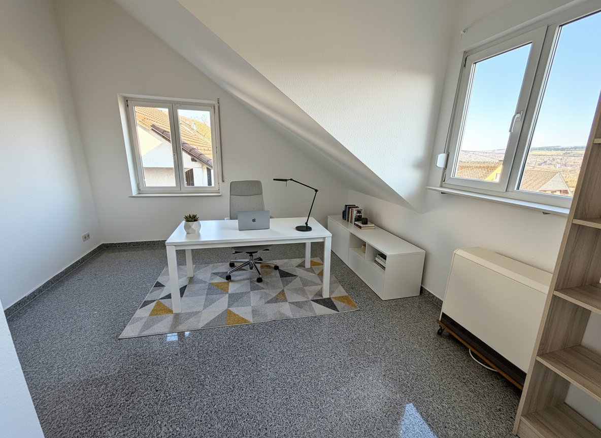 Helles Dachgeschoss-Büro mit zwei Dachfenstern und optimaler Arbeitsplatzgestaltung Helles Dachgeschoss-Büro mit zwei Dachfenstern und optimaler Arbeitsplatzgestaltung