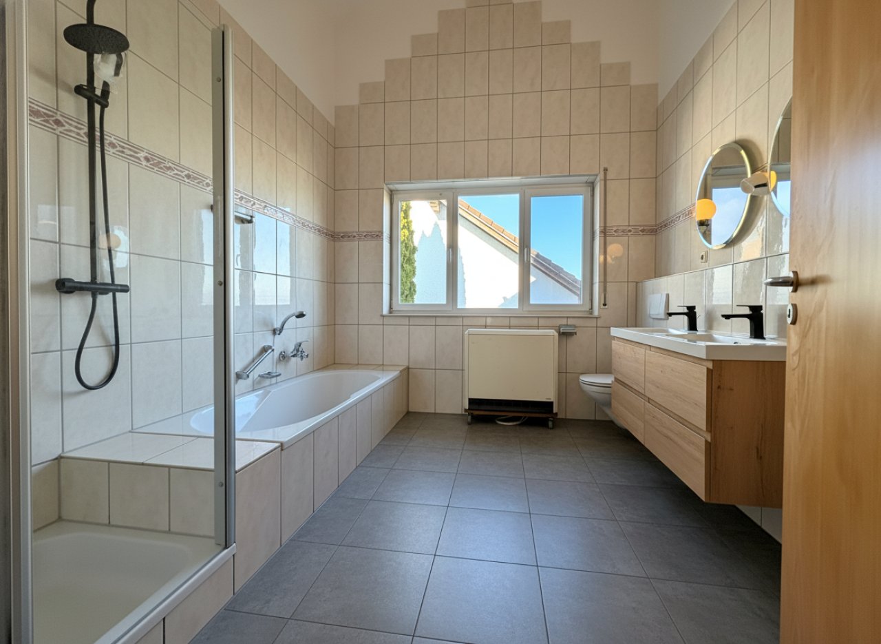 Modernes Badezimmer mit separater Dusche, Badewanne und Doppelwaschtisch Modernes Badezimmer mit separater Dusche, Badewanne und Doppelwaschtisch