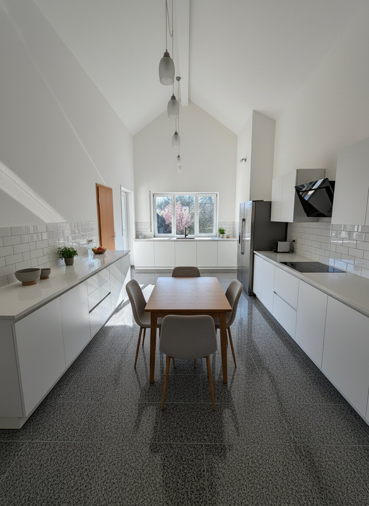 Moderne Küche mit Raumhöhe und großflächigen Fenstern Moderne Küche mit Raumhöhe und großflächigen Fenstern