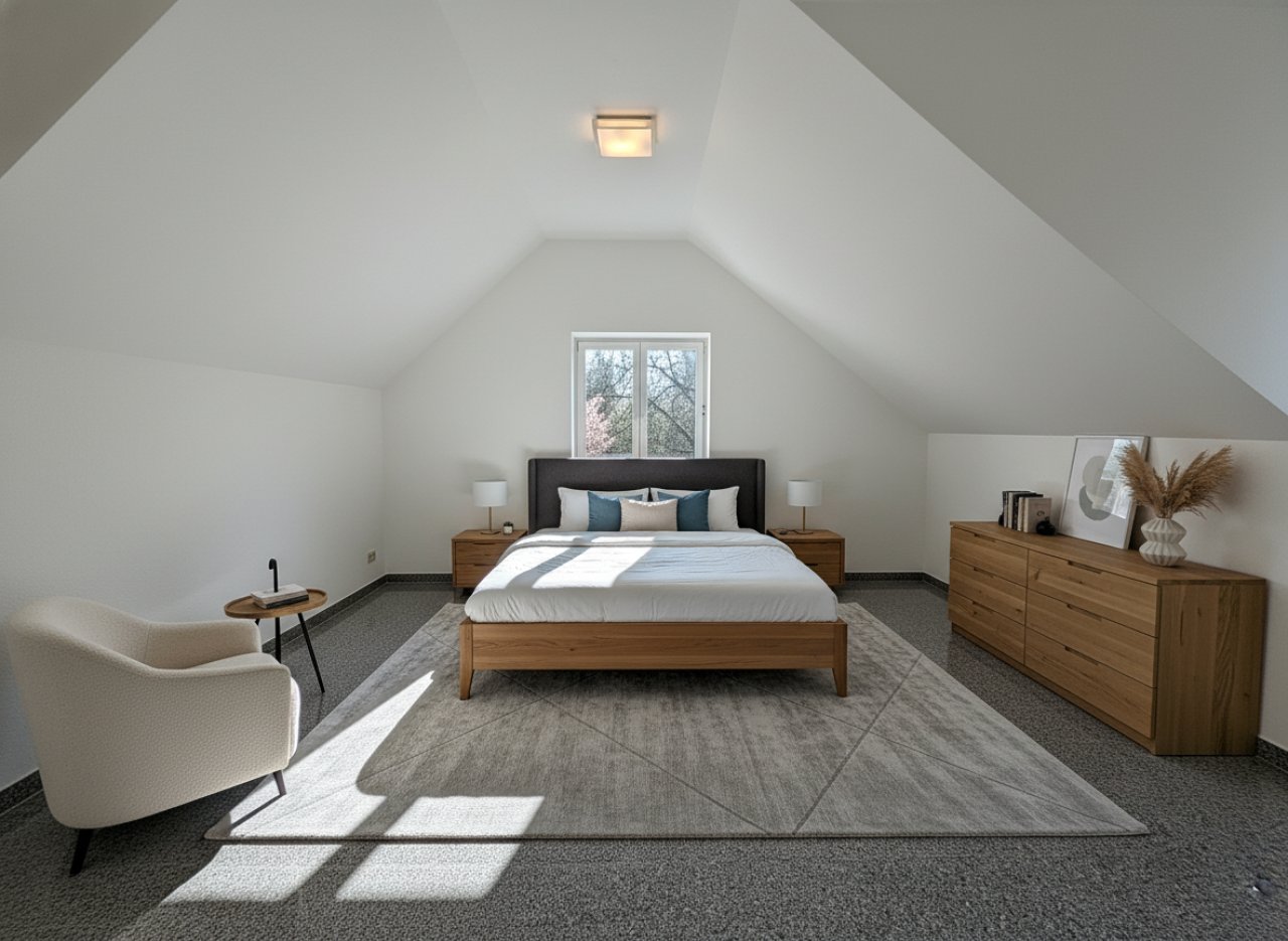 Helles Dachgeschoss-Schlafzimmer mit Spitzfenstern und offener Raumstruktur Helles Dachgeschoss-Schlafzimmer mit Spitzfenstern und offener Raumstruktur