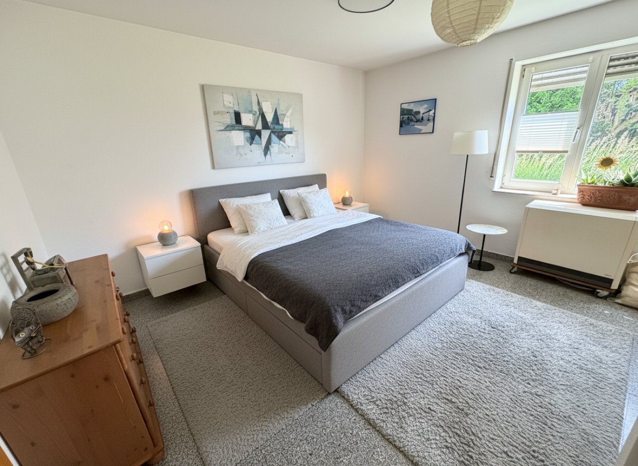 Helles Schlafzimmer mit bodentiefen Fenstern und optimaler Raumaufteilung Helles Schlafzimmer mit bodentiefen Fenstern und optimaler Raumaufteilung