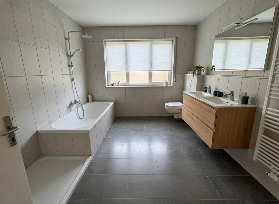 Modernes Badezimmer mit Wanne, Dusche und großflächigen Fenstern Modernes Badezimmer mit Wanne, Dusche und großflächigen Fenstern