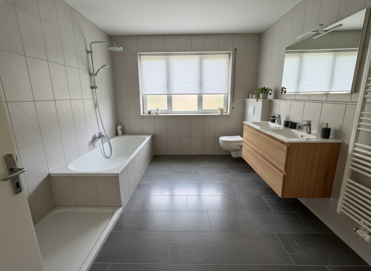Modernes Badezimmer mit Wanne, Dusche und großflächigen Fenstern Modernes Badezimmer mit Wanne, Dusche und großflächigen Fenstern