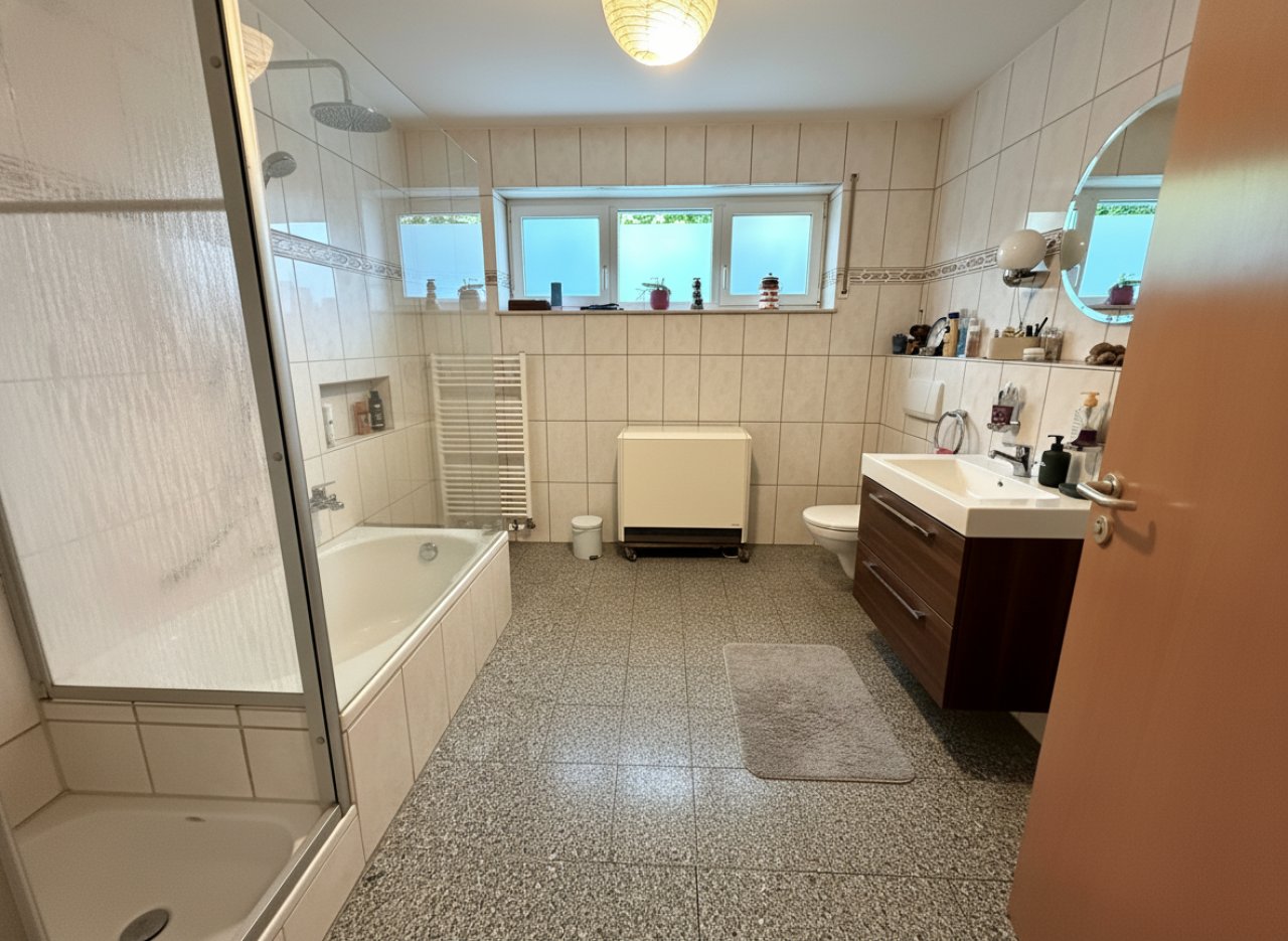 Modernes Badezimmer mit begehbarer Dusche, Badewanne und großzügigen Fensterflächenlichtern Modernes Badezimmer mit begehbarer Dusche, Badewanne und großzügigen Fensterflächenlichtern