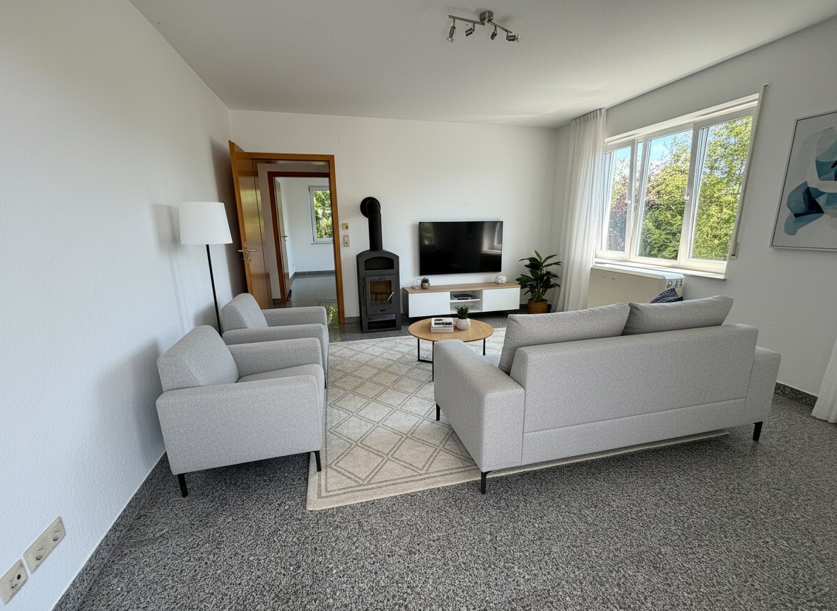 Helles Wohnzimmer mit Kaminofen und großflächiger Fensterfront Helles Wohnzimmer mit Kaminofen und großflächiger Fensterfront