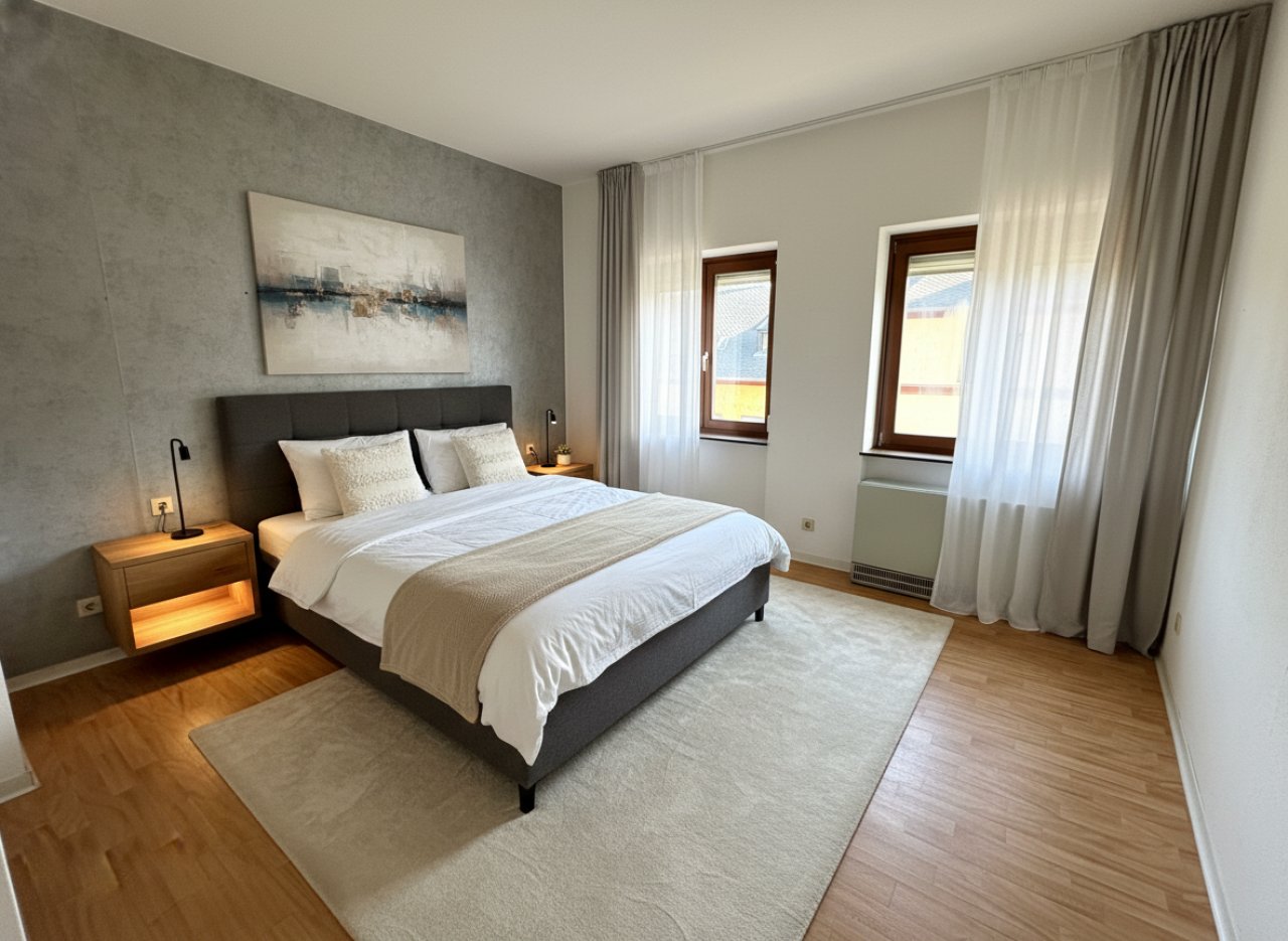 Helles Schlafzimmer mit zwei Fensterplätzen und hochwertiger Ausstattung