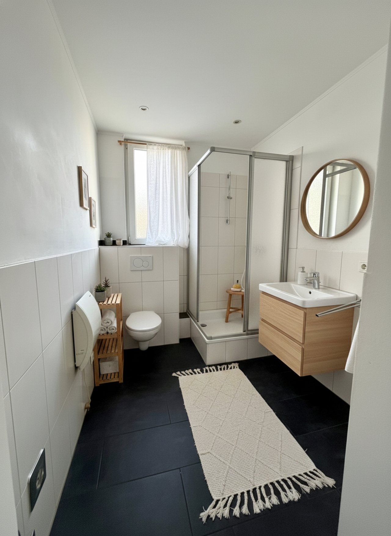 Modernes Badezimmer mit begehbarer Dusche und praktischer Raumeinteilung