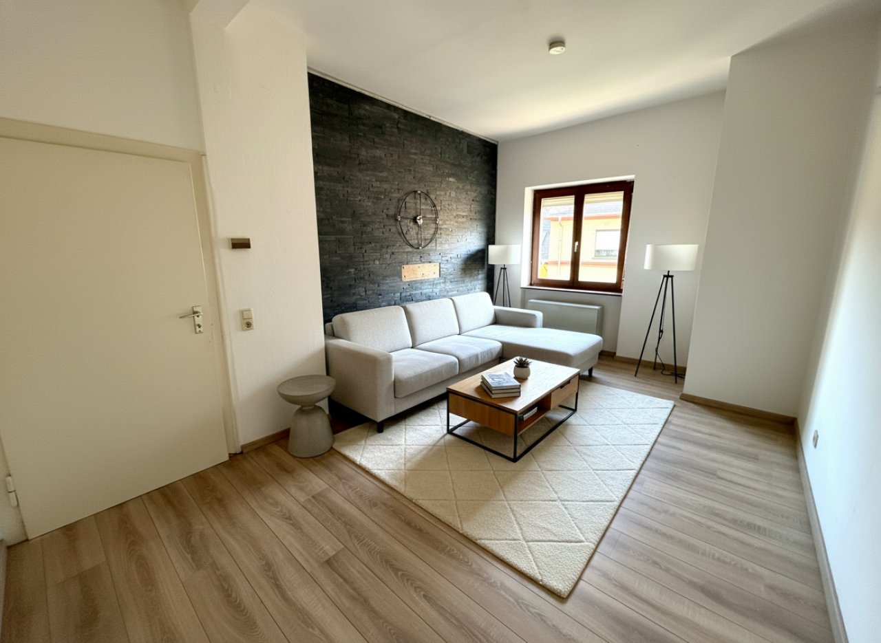 Wohnzimmer mit Akzentwand und großflächigen Fenstern