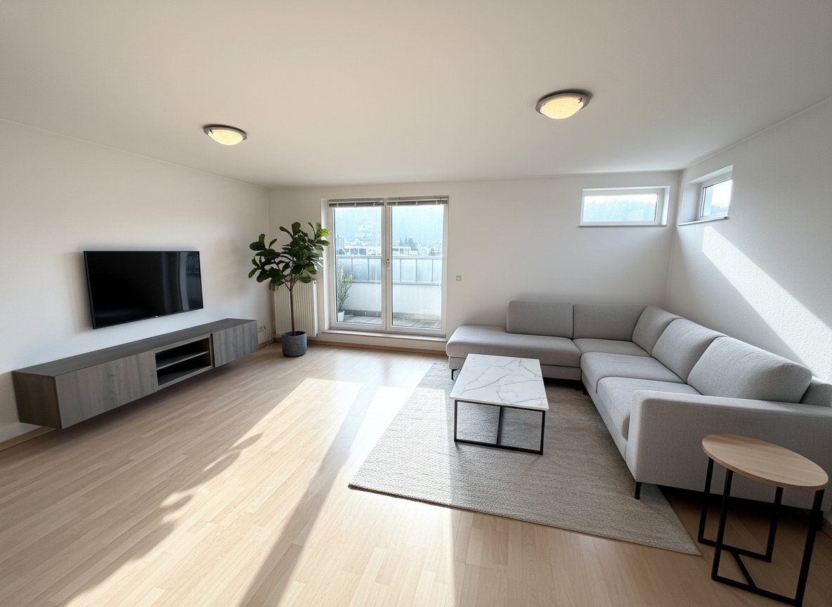 Helles Wohnzimmer mit Balkonzugang und Panoramablick Helles Wohnzimmer mit Balkonzugang und Panoramablick
