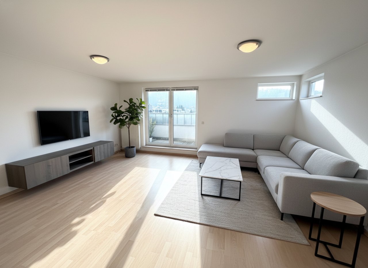 Helles Wohnzimmer mit Balkonzugang und Panoramablick Helles Wohnzimmer mit Balkonzugang und Panoramablick