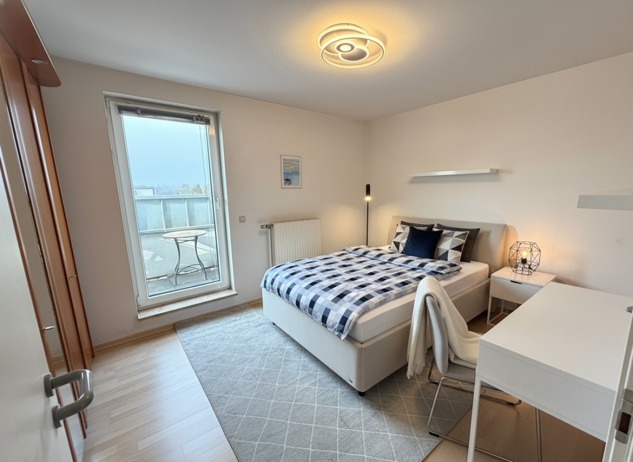 Helles Schlafzimmer mit Balkonzugang und praktischem Arbeitsbereich Helles Schlafzimmer mit Balkonzugang und praktischem Arbeitsbereich