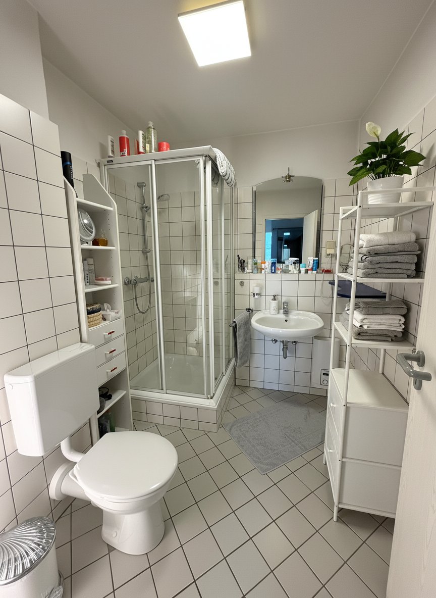 Modernes Badezimmer mit begehbarer Dusche und umfassenden Stauraum Modernes Badezimmer mit begehbarer Dusche und umfassenden Stauraum