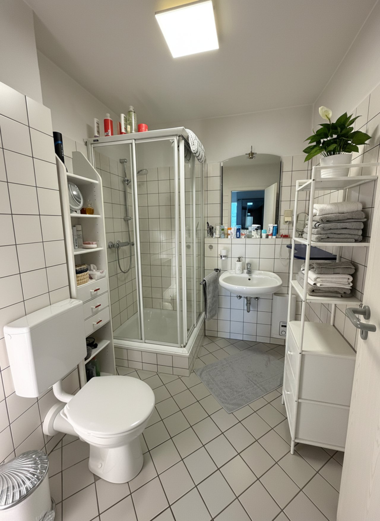 Modernes Badezimmer mit begehbarer Dusche und umfassenden Stauraum Modernes Badezimmer mit begehbarer Dusche und umfassenden Stauraum