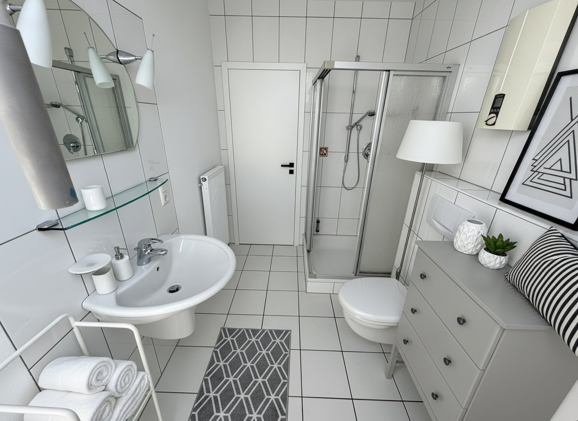 Modernes Badezimmer mit begehbarer Dusche und praktischer Raumaufteilung