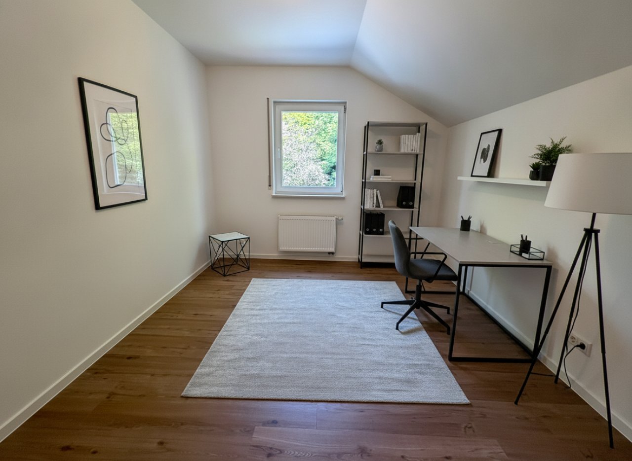 Helles Dachzimmer mit Giebelausblick und Speicherheizung