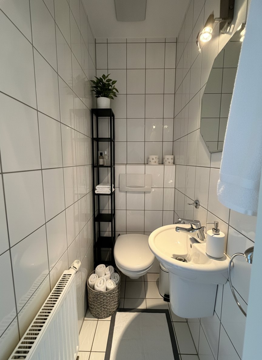 Praktisches Gäste-WC mit Doppelwaschbecken und effizienter Raumnutzung