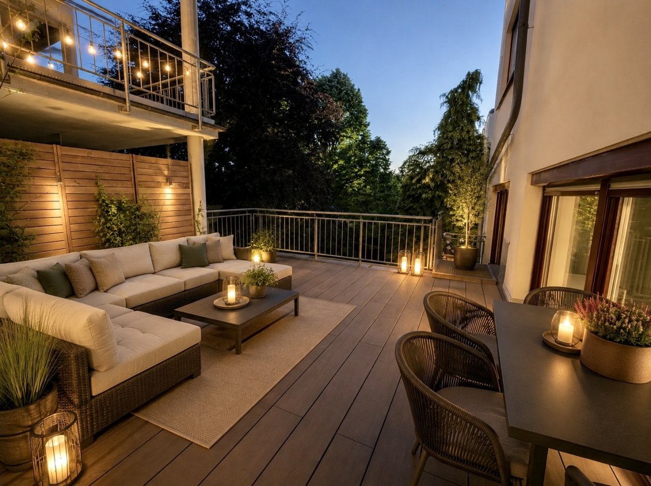 Großzügige Terrasse mit hochwertiger Beleuchtung und Stahlgeländer Großzügige Terrasse mit hochwertiger Beleuchtung und Stahlgeländer