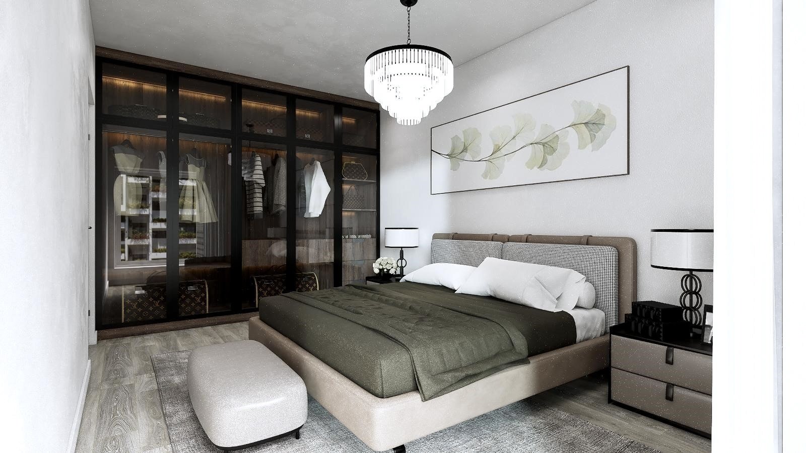 Schlafzimmer mit begehbarem Kleiderschrank und eleganter Ausstattung