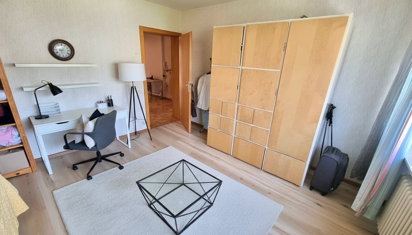 Geräumiges Schlafzimmer mit integriertem Arbeitsbereich und großzügigen Stauraum