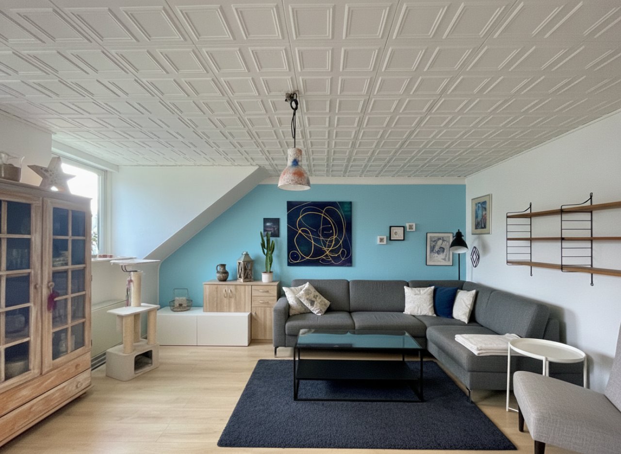 Wohnzimmer mit großflächigen Fenstern
