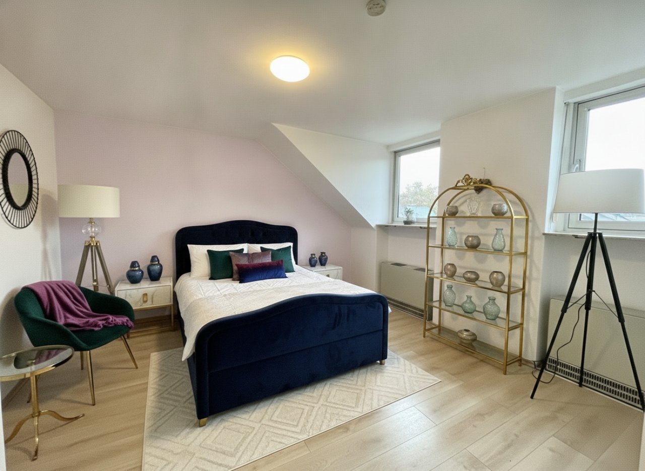 Helles Dachgeschoss-Schlafzimmer mit Schrägen und zwei Fensterseiten