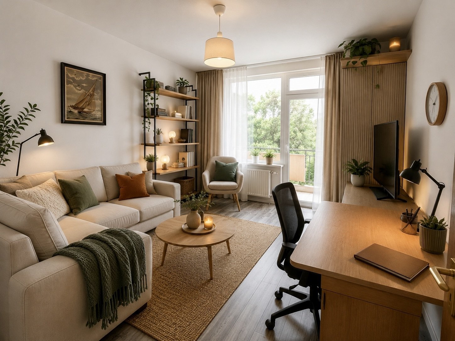 Helles Wohnzimmer mit integriertem Arbeitsbereich und Balkonzugang