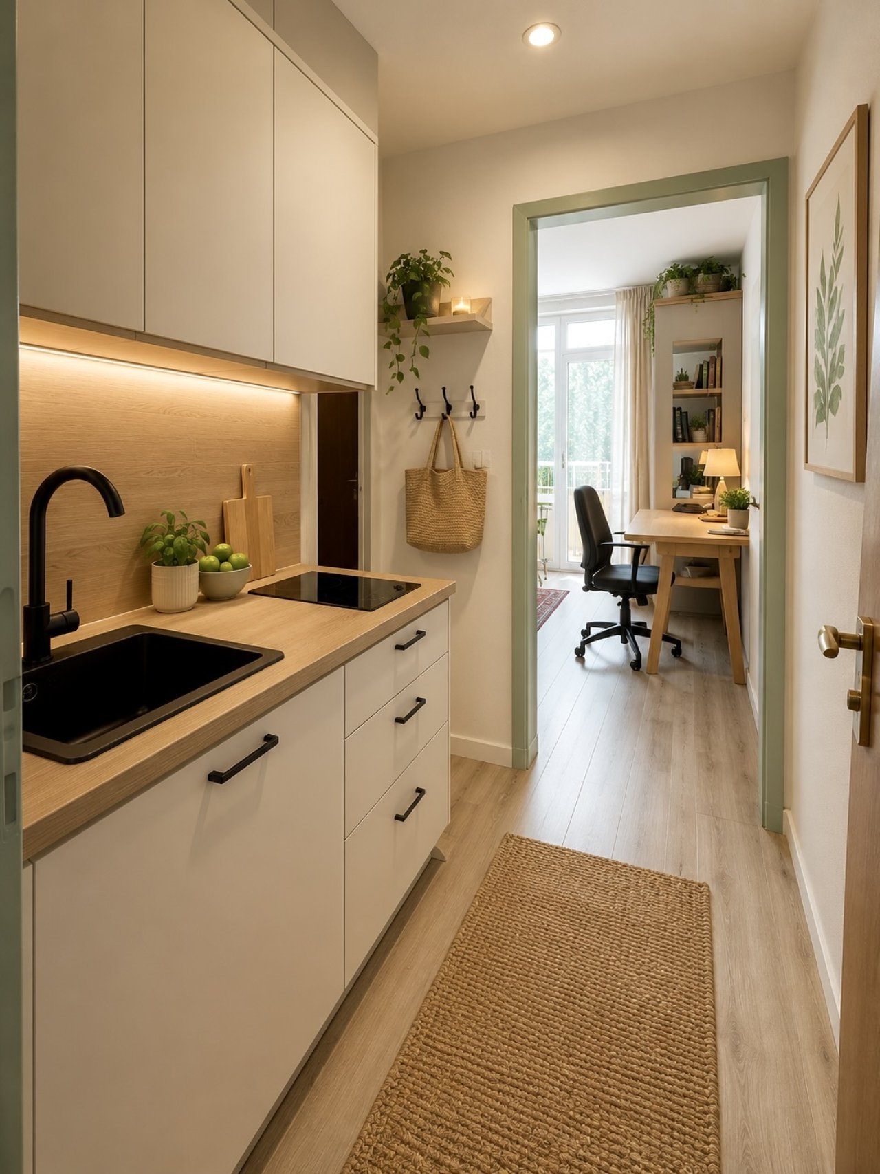 Moderne Kitchenette mit intelligenter Stauraum-Lösung und direktem Zugang zum Arbeitsbereich