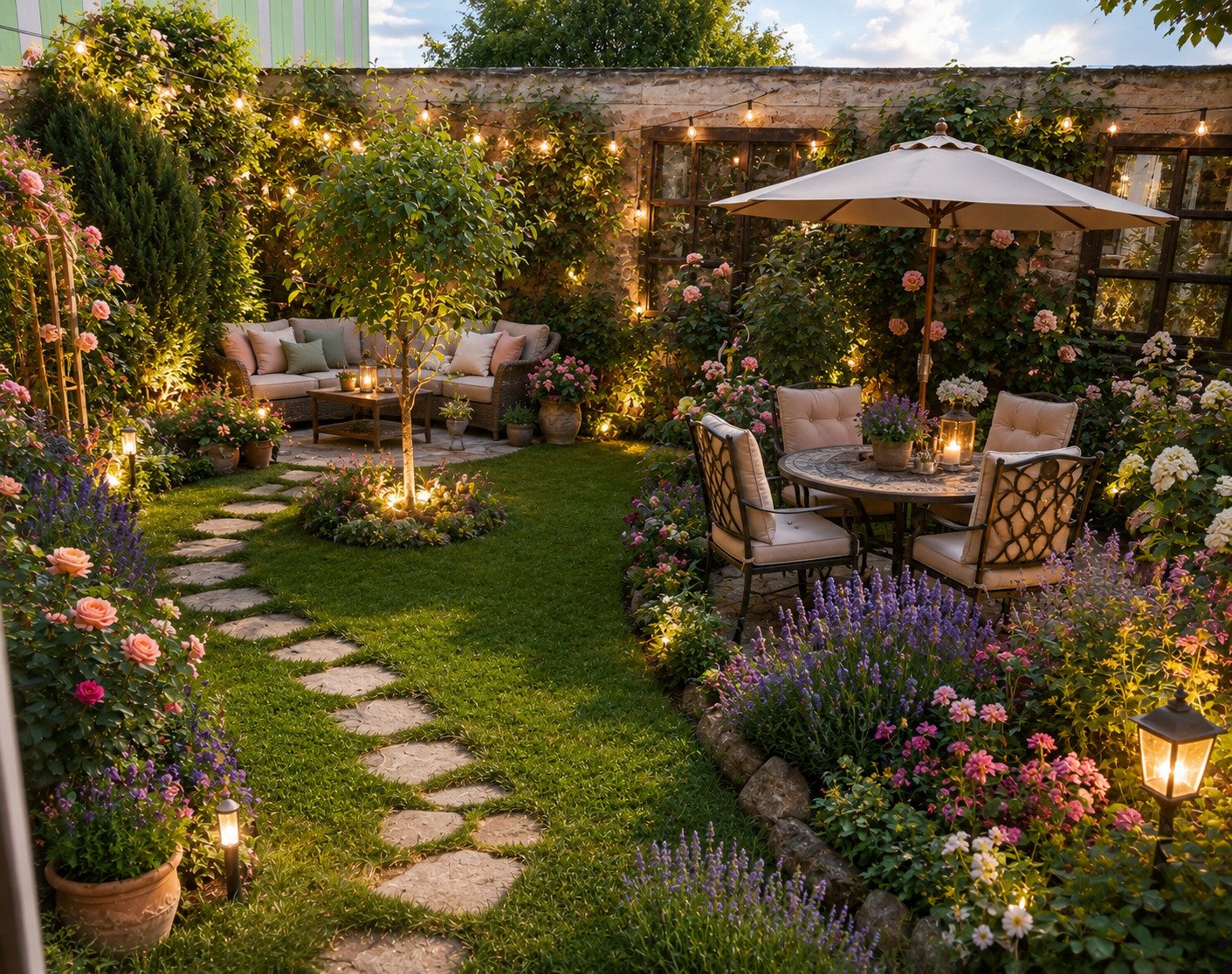 Terrassengarten mit Natursteinmauern und integrierter Beleuchtung