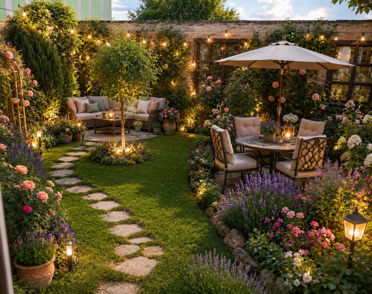 Terrassengarten mit Natursteinmauern und integrierter Beleuchtung