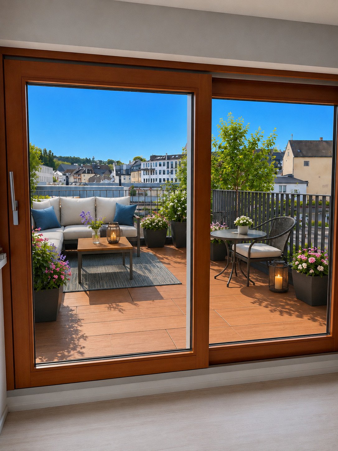 Terrassenzugang mit Panoramablick auf die Altstadt und hochwertigen Holzschiebetüren