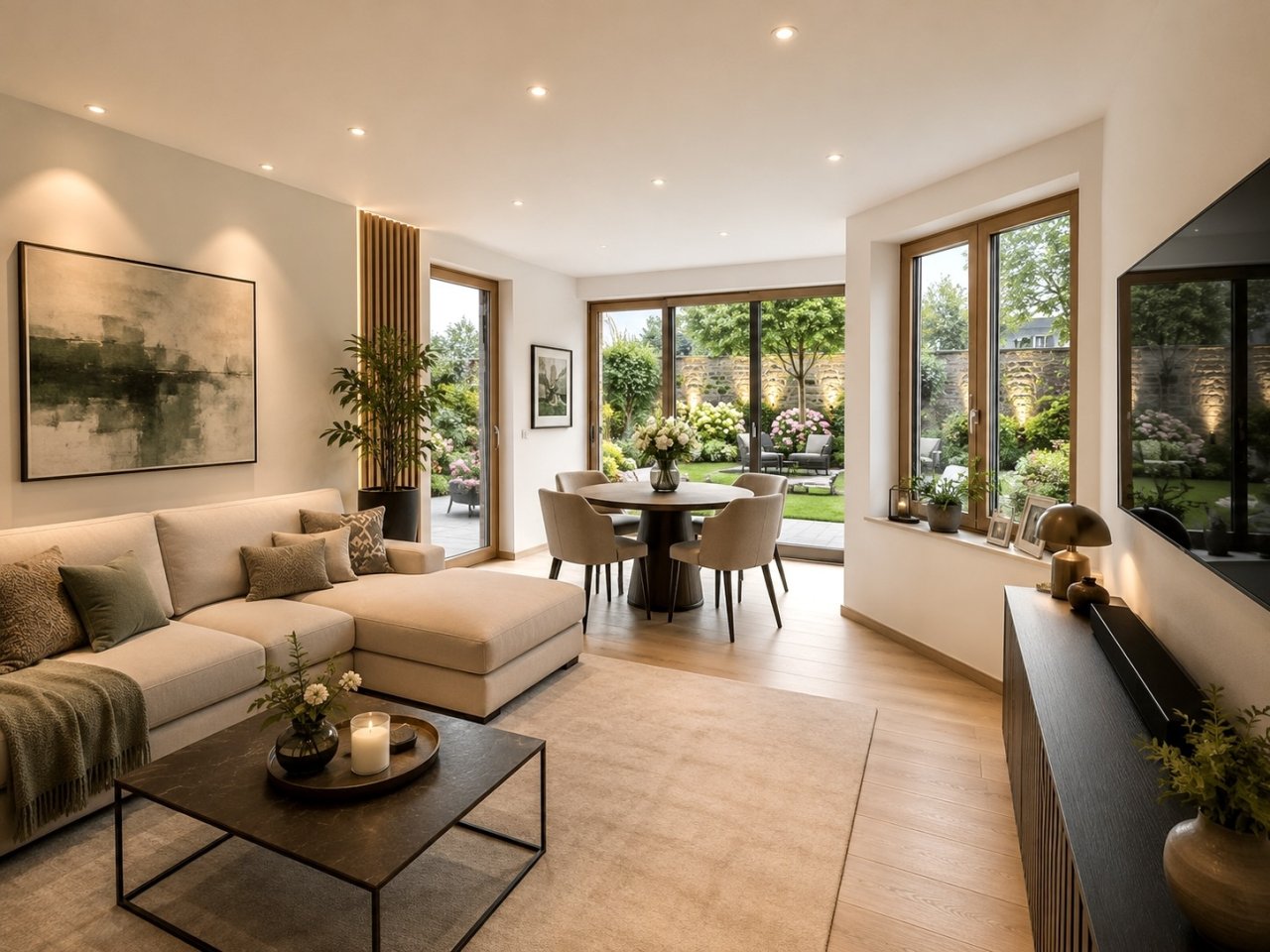 Wohn- und Esszimmer mit raumhohen Verglasungen und durchdachtem Raumfluss zum Garten Wohn- und Esszimmer mit raumhohen Verglasungen und durchdachtem Raumfluss zum Garten