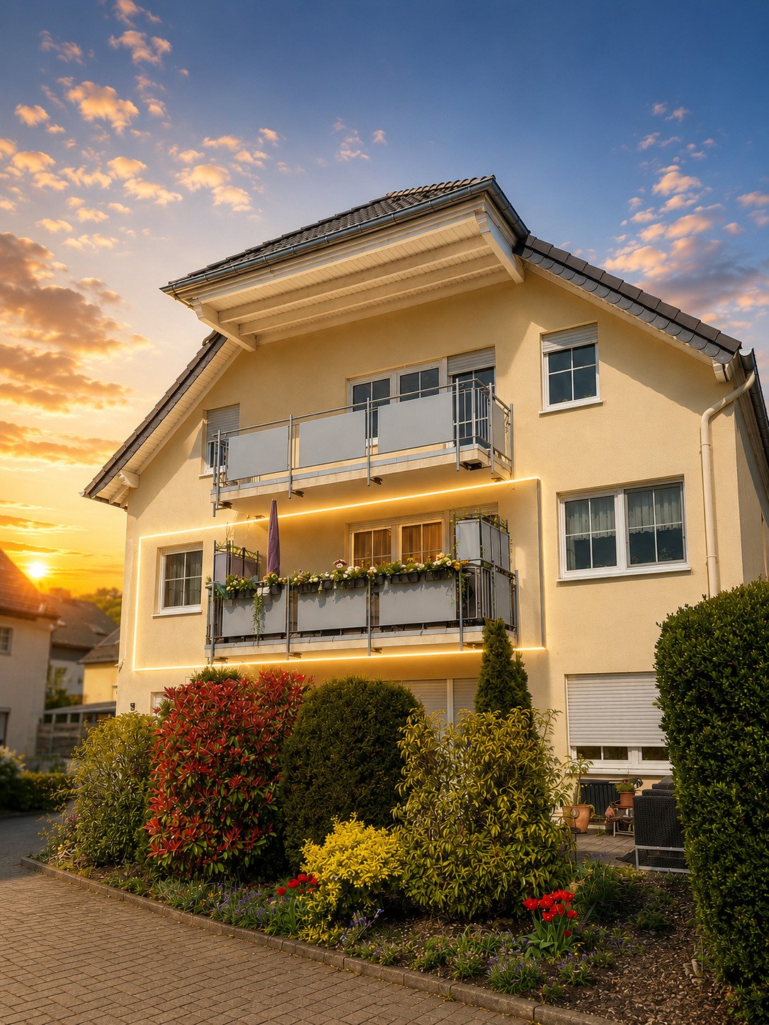 Modernes Einfamilienhaus mit zwei eleganten Balkonen und hochwertiger Fassadenbeleuchtung Modernes Einfamilienhaus mit zwei eleganten Balkonen und hochwertiger Fassadenbeleuchtung