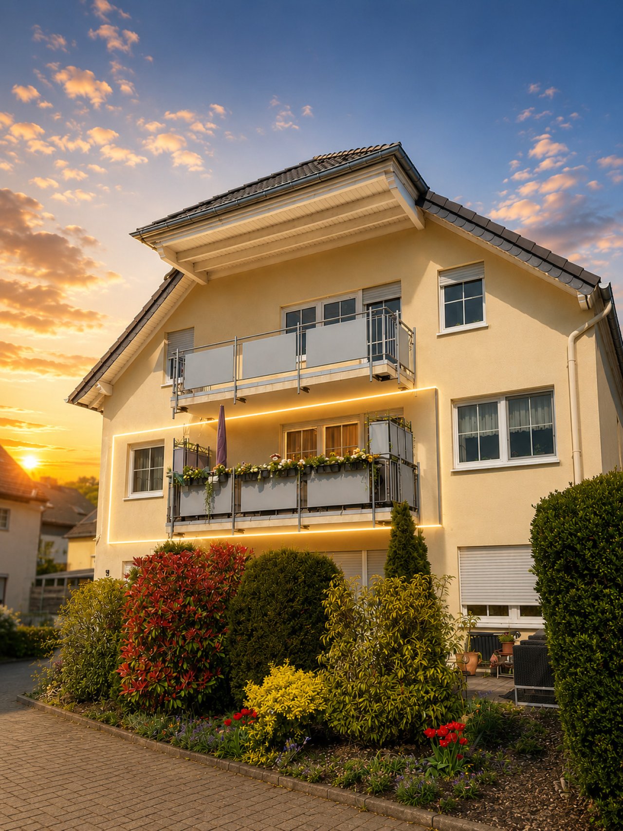 Modernes Einfamilienhaus mit zwei eleganten Balkonen und hochwertiger Fassadenbeleuchtung Modernes Einfamilienhaus mit zwei eleganten Balkonen und hochwertiger Fassadenbeleuchtung