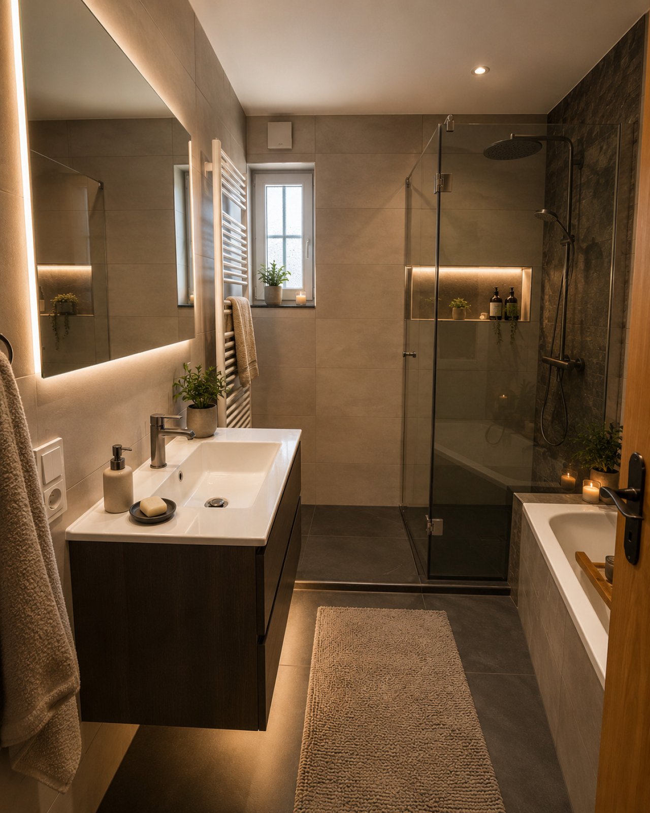 Luxuriöses Badezimmer mit begehbarer Dusche und intelligenter Spiegelbeleuchtung Luxuriöses Badezimmer mit begehbarer Dusche und intelligenter Spiegelbeleuchtung