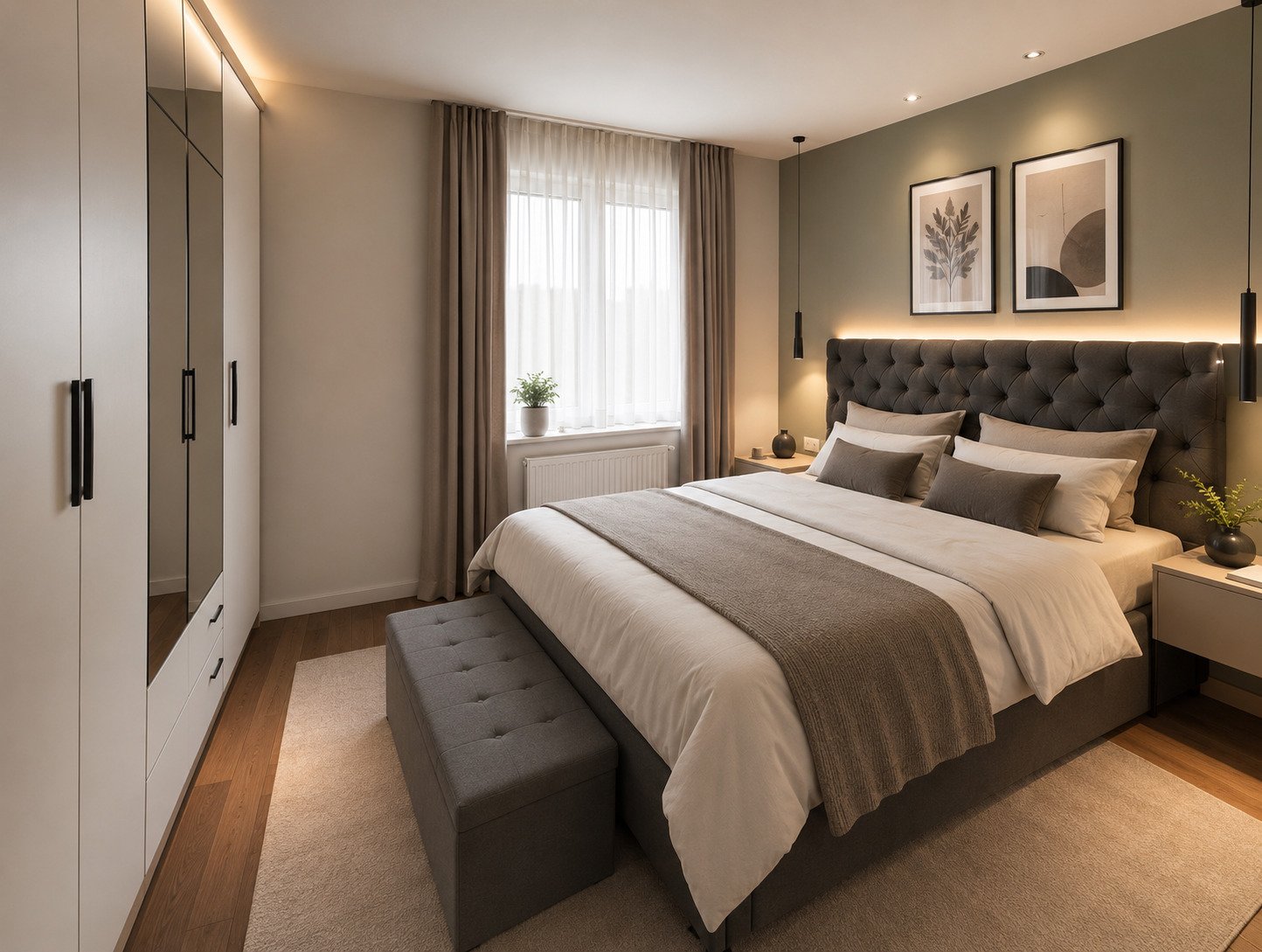 Hauptschlafzimmer mit Kleiderschrank und integrierter Beleuchtungsarchitektur Hauptschlafzimmer mit Kleiderschrank und integrierter Beleuchtungsarchitektur