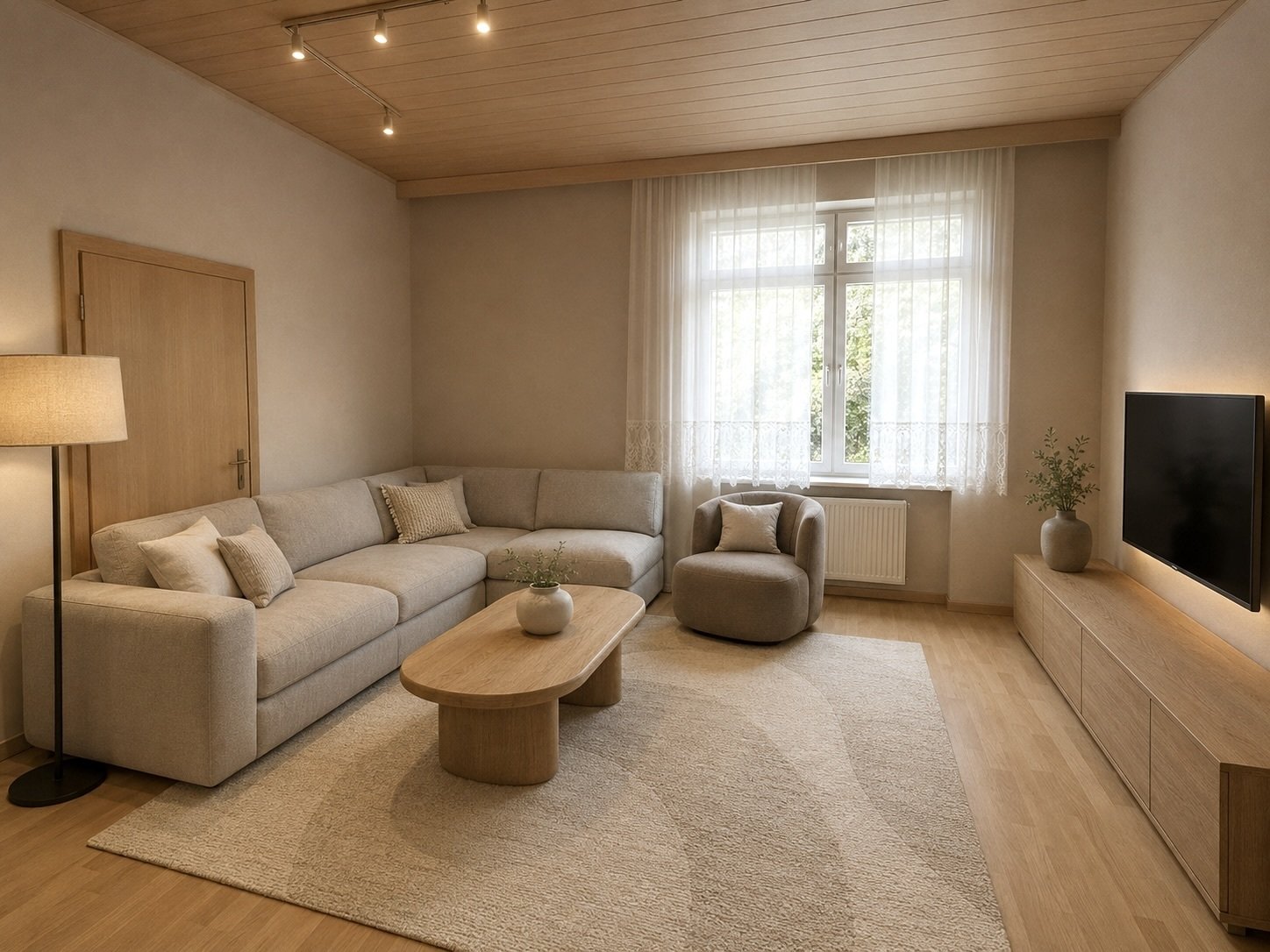 Helles Wohnzimmer mit großflächigen Fenstern und optimaler Raumaufteilung Helles Wohnzimmer mit großflächigen Fenstern und optimaler Raumaufteilung