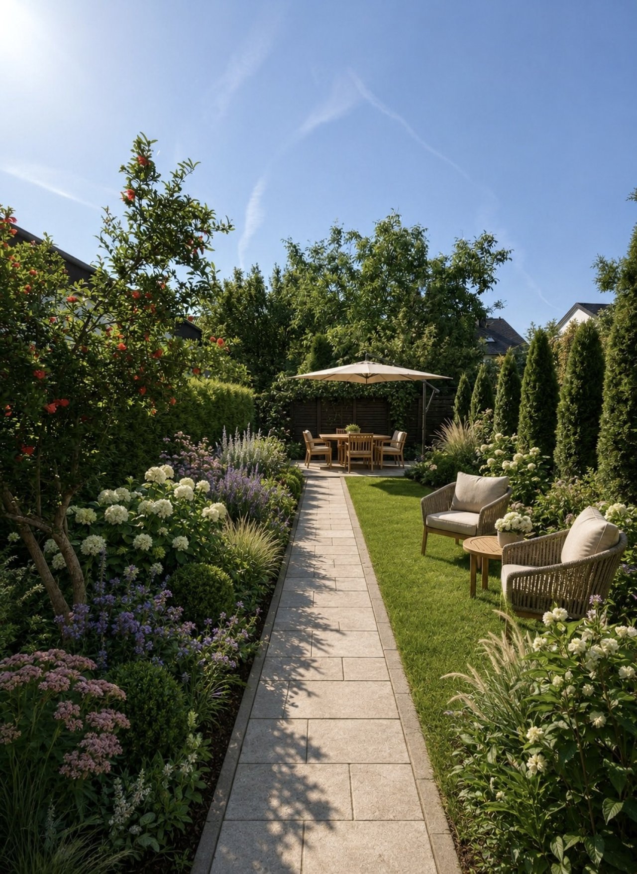 Terrassengarten mit gepflastertem Wegekonzept und Sitzbereich Terrassengarten mit gepflastertem Wegekonzept und Sitzbereich