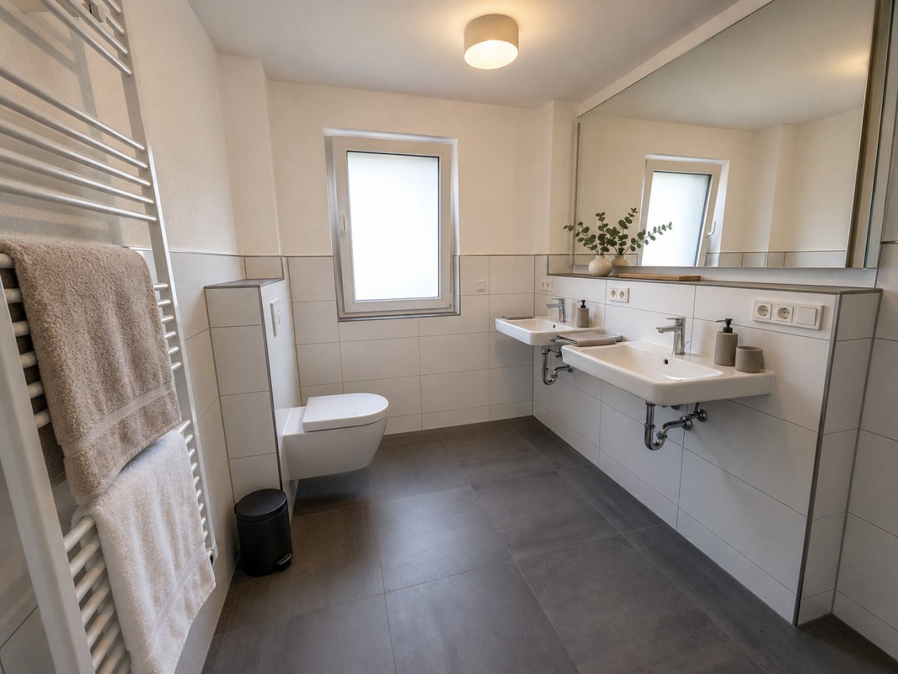 Modernes Badezimmer mit Doppelwaschtisch und großflächigem Spiegel