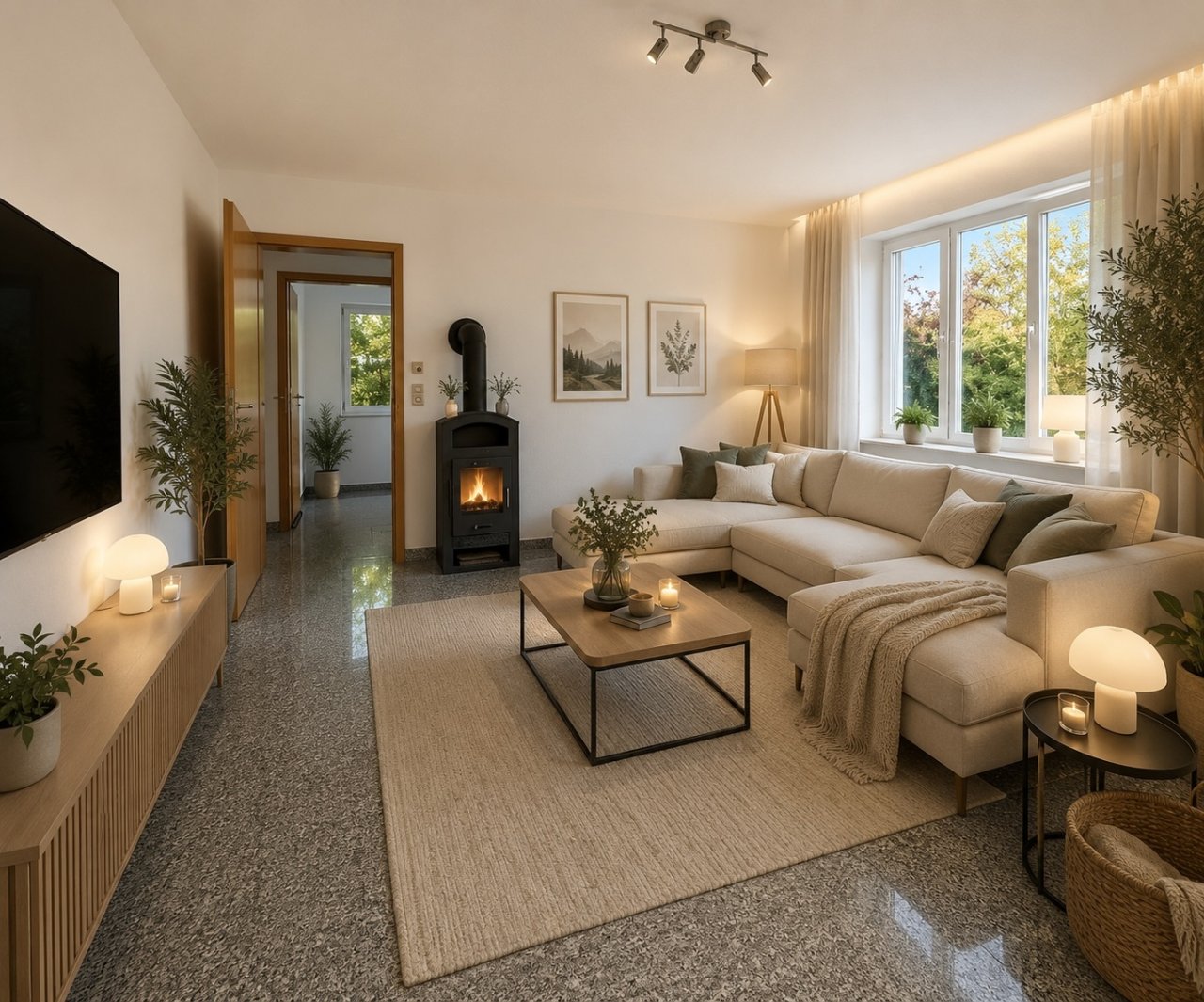 Lichtwohnzimmer mit Kaminofen und großflächiger Fensterfront