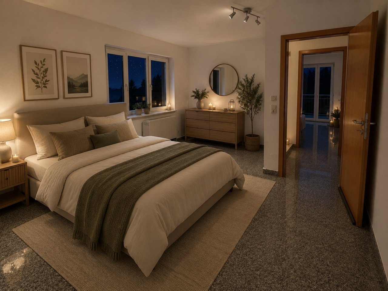 Komfortables Schlafzimmer mit Ankleidebereich und Balkonzugang